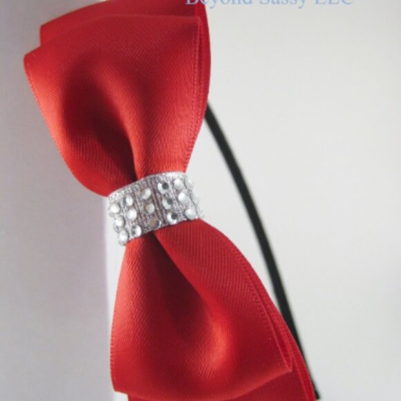 Tuxedo Rhinestone Bow Headband Christmas Holiday Festive Bling Hair Bow - Picture 3 of 5